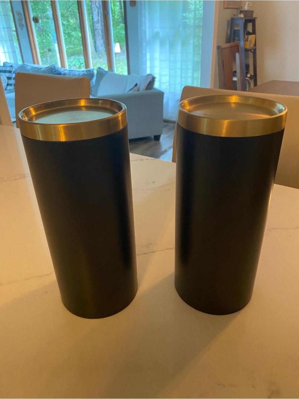 Crate&Barrel NIB set 2 Reverse Brass Bronze Pillar Holders Large Sleek Modern